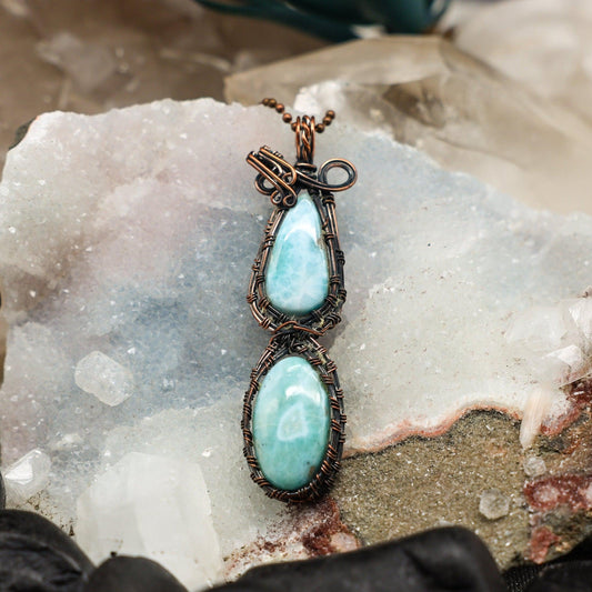 Dual Larimar Wire Wrap Pendant, 3.5 Inch, Rare Caribbean Stone