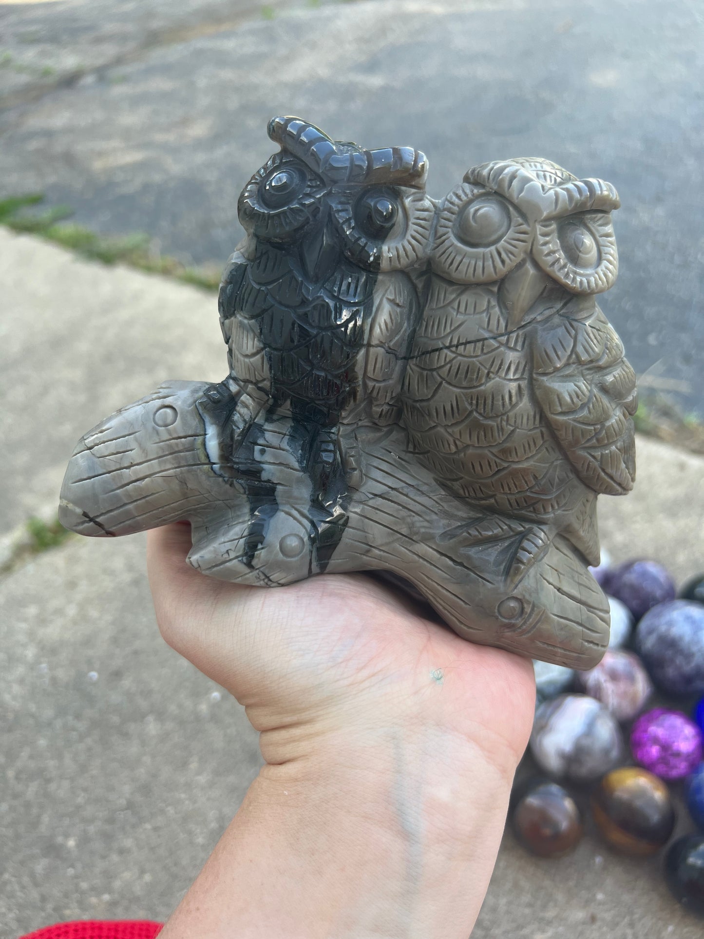 Large Volcanic Agate Hand Carved Owl Pair