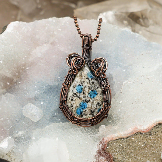 K2 Jasper Wire Wrap Pendant, Rare Azulite, Third Eye Clarity