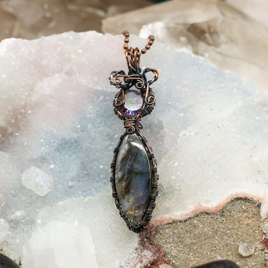 Labradorite Amethyst Wire Wrap Pendant, Crown Third Eye Chakra