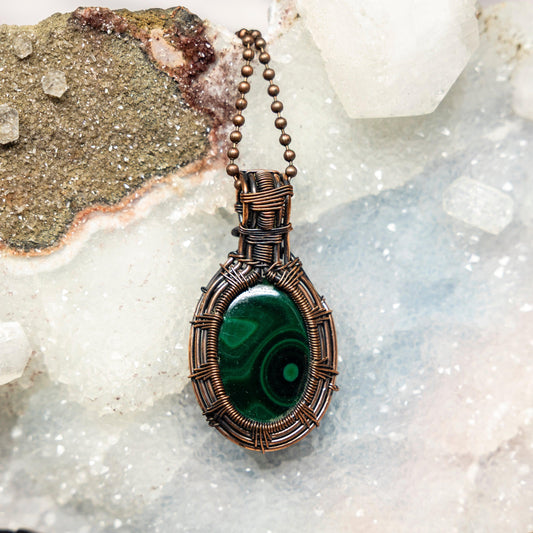 Malachite Oval Wire Wrap Pendant, 2.25 Inch, Green Heart Chakra