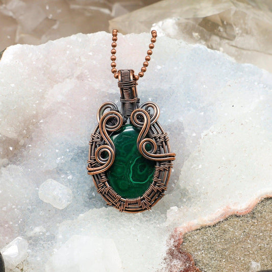 Malachite Teardrop Wire Wrap Pendant, 2.35 Inch, Heart Protection
