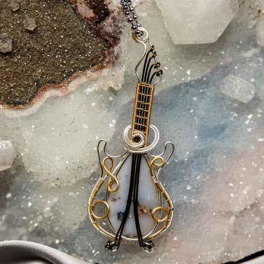 Moss Agate Guitar Wire Wrap Pendant, 3.5 Inch, Abundance Stone