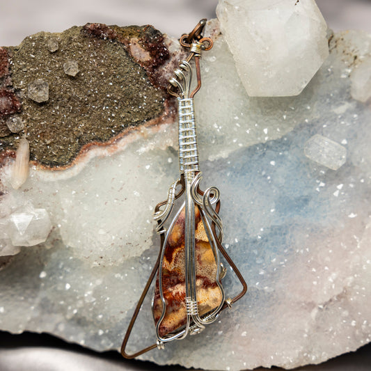 Moss Agate Guitar Wire Wrap Pendant, 4.5 Inch, Large Copper