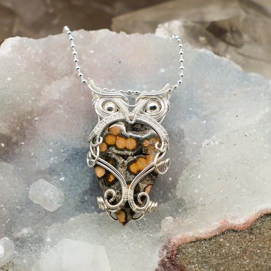 Ocean Jasper Owl Wire Wrap Pendant, Orbicular Heart Chakra Joy