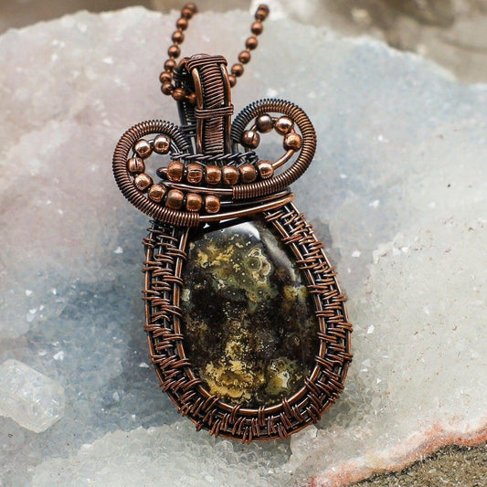 Ocean Jasper Wire Wrap Pendant, Orbicular Patterns, Heart Chakra