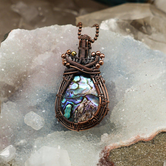 Paua Shell Wire Wrap Pendant, Iridescent, Protection Stone