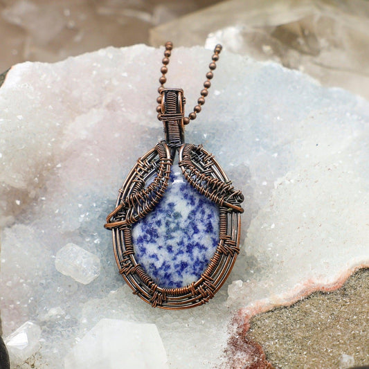 Sodalite Spotted Wire Wrap Pendant, 2.75 Inch, Throat Third Eye