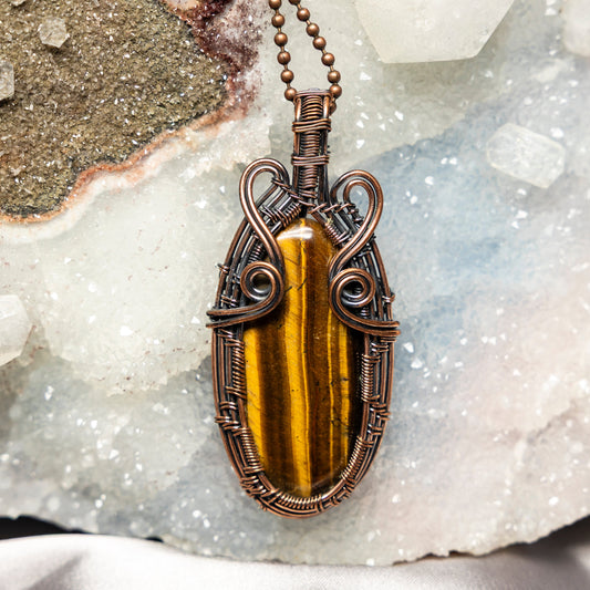Tiger's Eye Wire Wrap Pendant, 3 Inch, Solar Plexus Courage