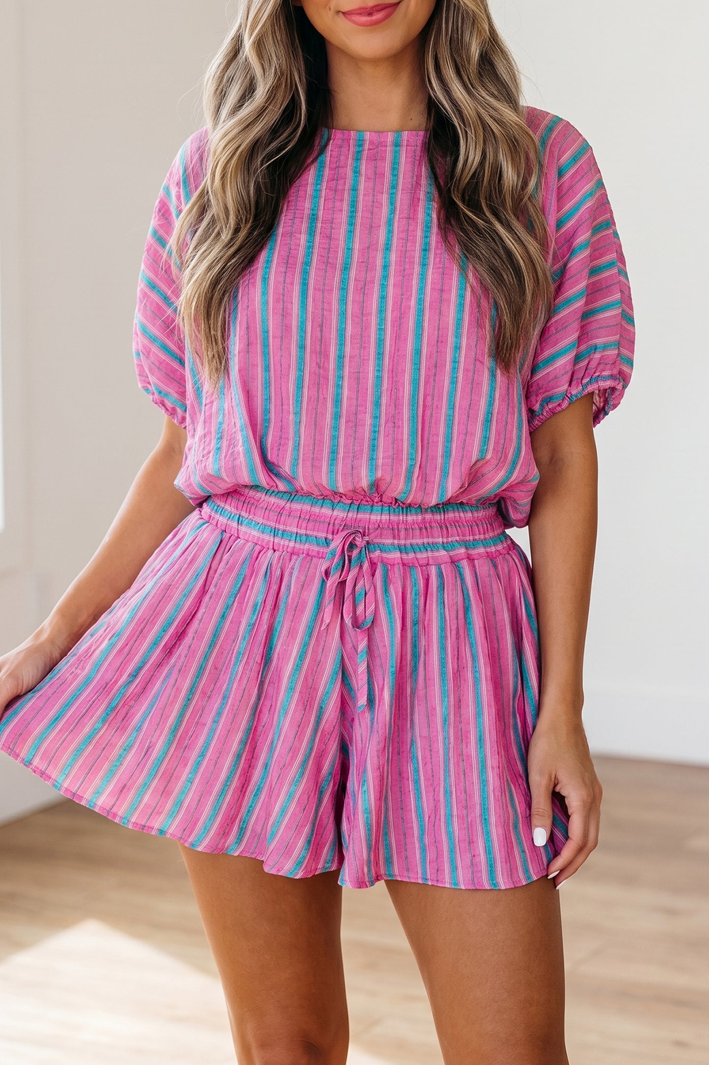 Pink Stripe Dolman Short Sleeve Blouse Drawstring Elastic Waist Loose Short Set