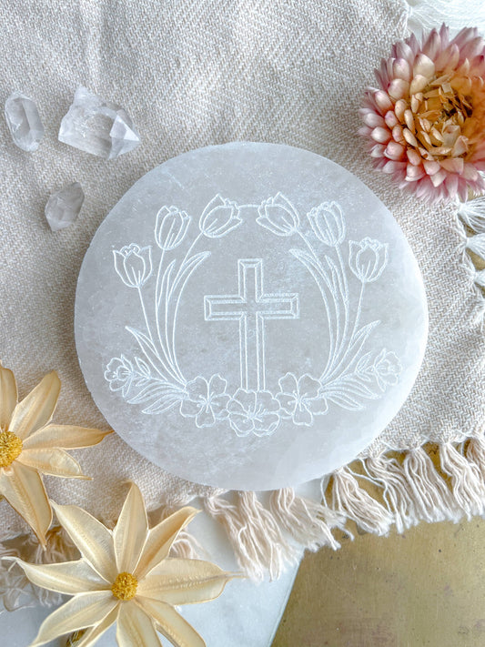 "Cross" Selenite Crystal Disk Easter Spring Home Decor