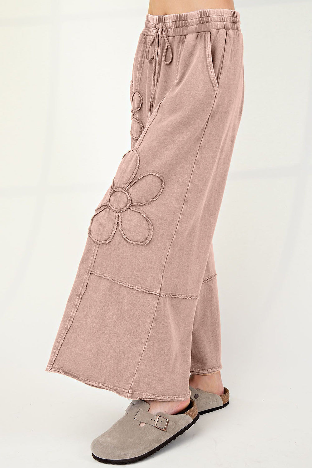 Buckskin Flower Patch Mineral Washed Terry Knit Cropped Wide Leg Pants 100% COTTON