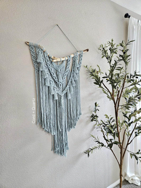 Clearance eggshell Blue macrame wall hanging.